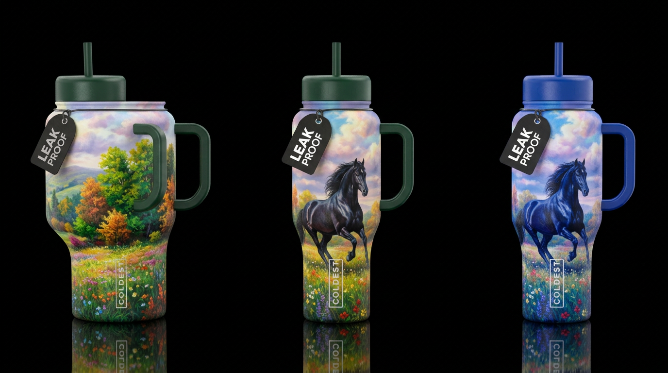 A beautiful black stallion in a field with colorfu... water bottle design