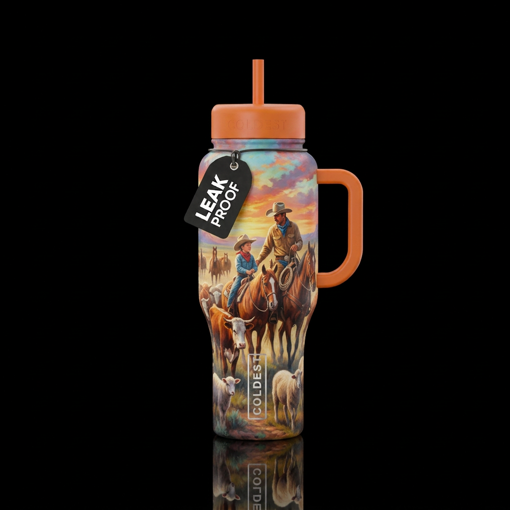Cowboy and child cowboy working with cattle and sh... water bottle design