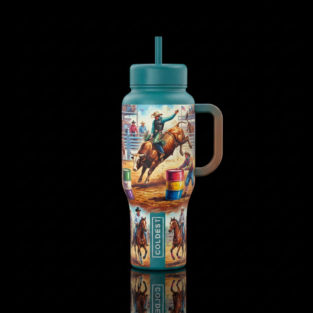 Rodeo competition with bull riding in arena, clown... water bottle design