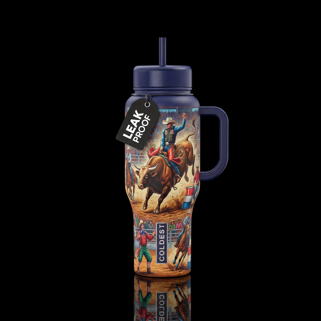 Rodeo competition with bull riding in arena, clown... water bottle design