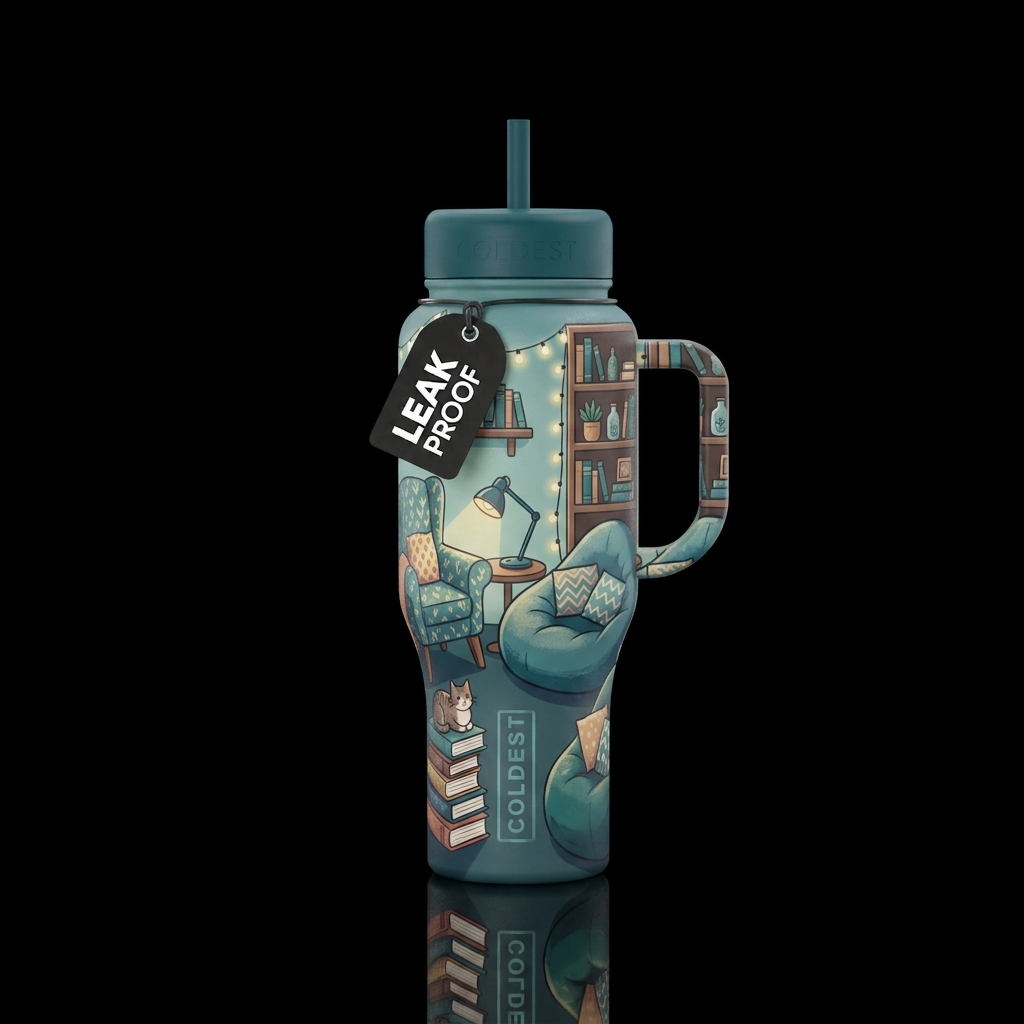 Cozy reading room, cool, calm colors, lamp, oversi... water bottle design