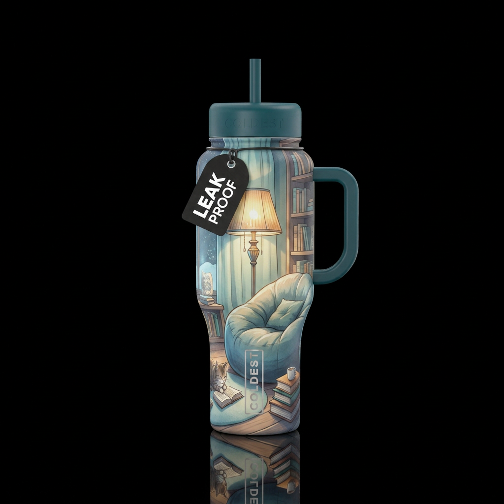 Cozy reading room, cool, calm colors, lamp, oversi... water bottle design
