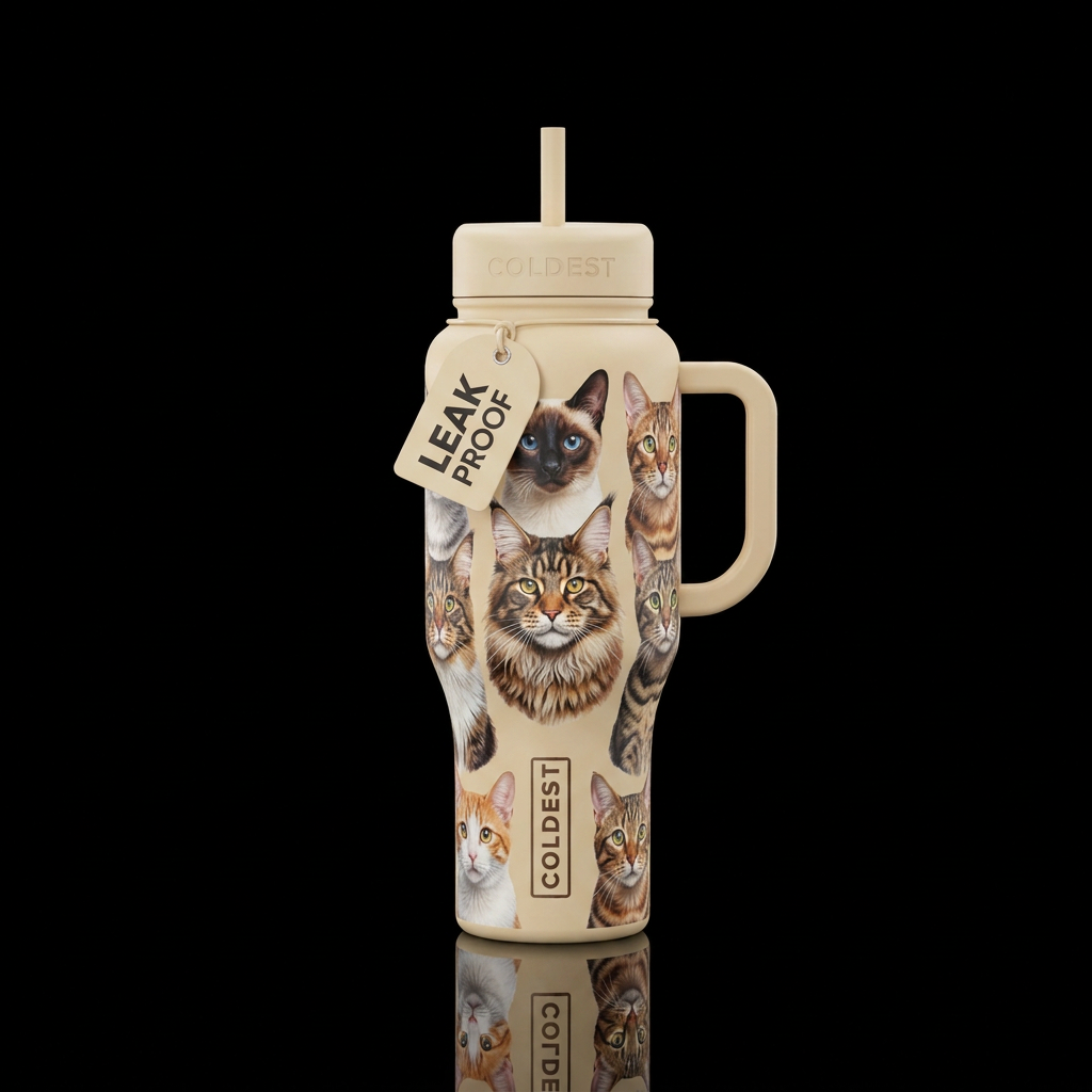 Real faces of different types of cat pets, beautif... water bottle design
