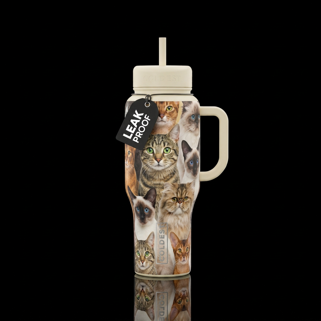 Real faces of different types of cat pets, beautif... water bottle design