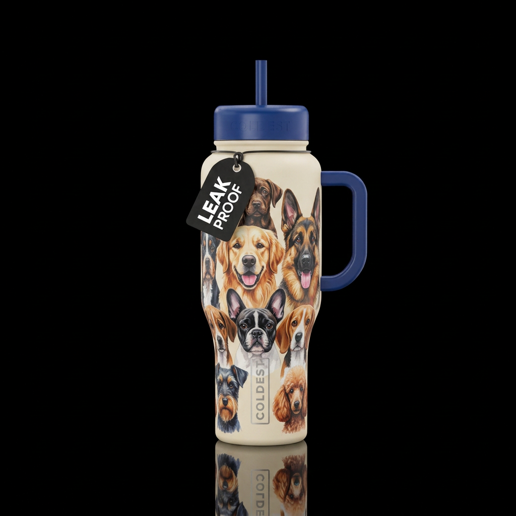 Crème colored bottle with faces of different dog b... water bottle design