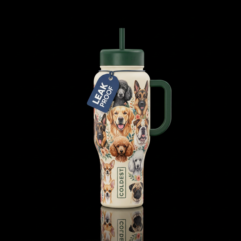 Crème colored bottle with faces of different dog b... water bottle design