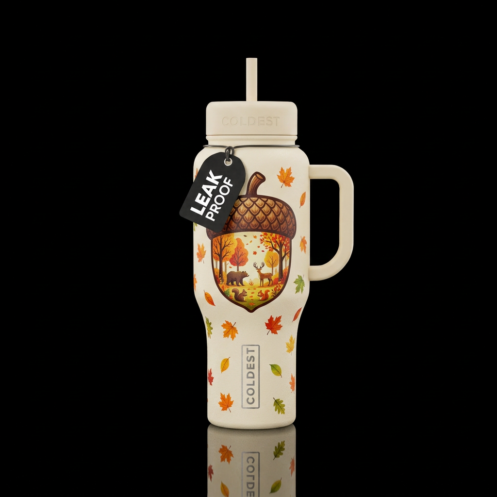 Crème colored bottle with a huge outline of an aco... water bottle design