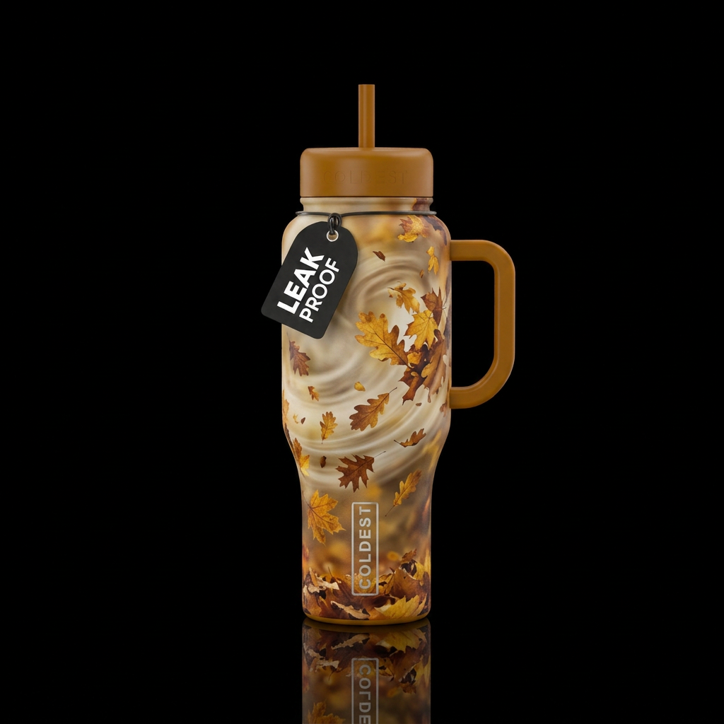 Windy fall day, vibrant golds, browns, water bottle design