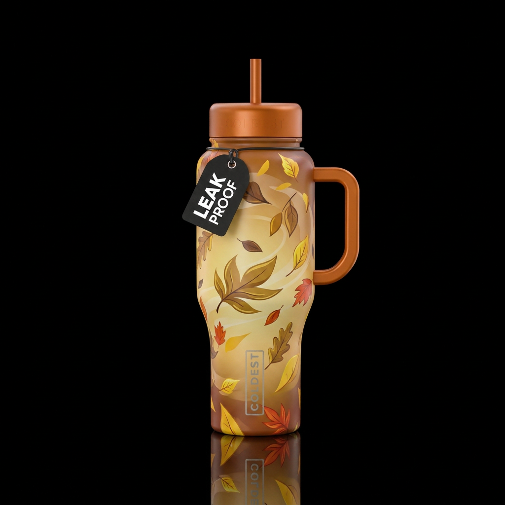 Windy fall day with colors of gold, brown, yellow,... water bottle design