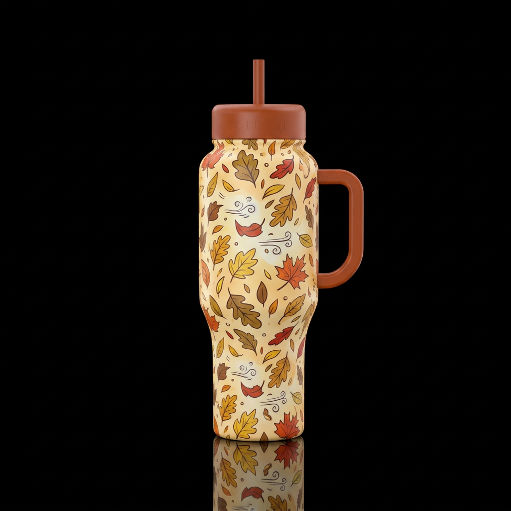 Windy fall day with colors of gold, brown, yellow,... water bottle design