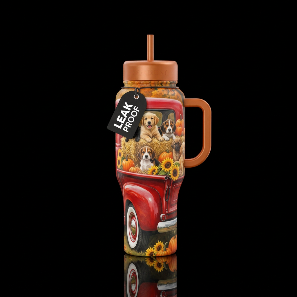 Vintage red truck with white wall wheels, puppies ... water bottle design