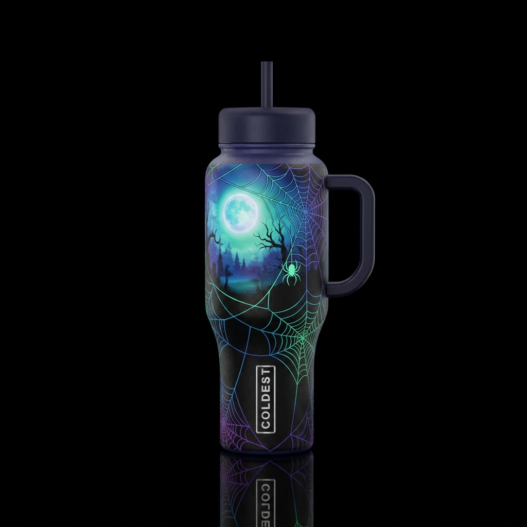 darkness, haunted, spider webs, Glowie, full moon, water bottle design
