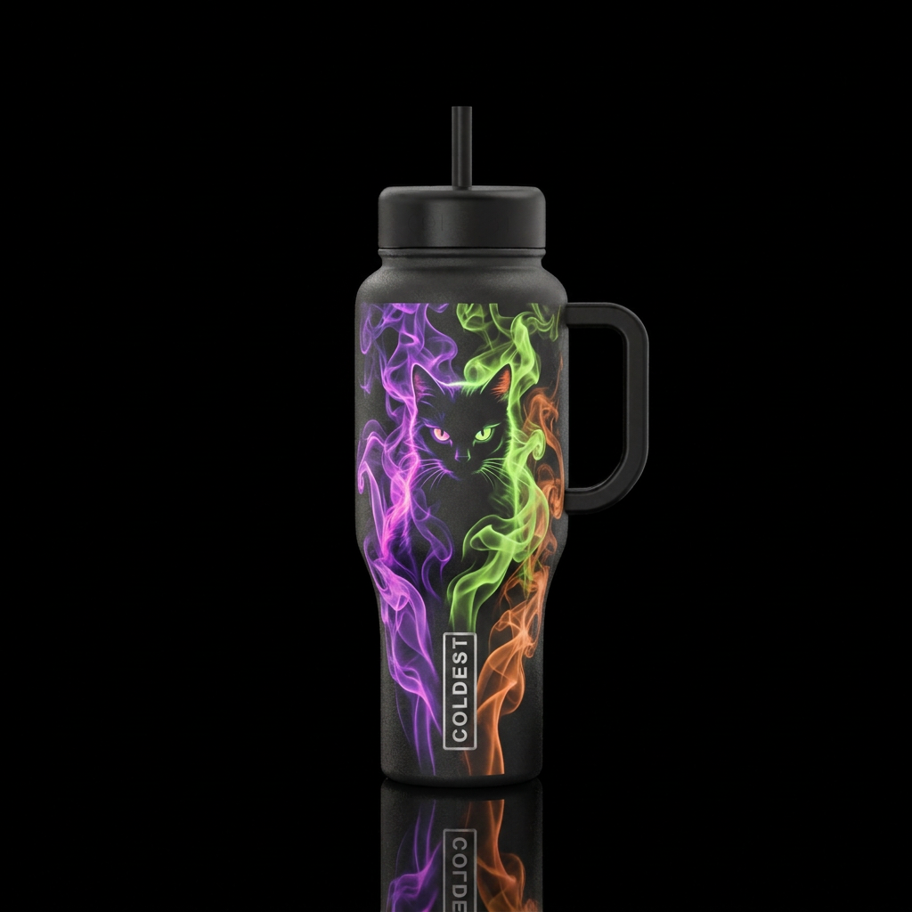 Smoky in neon colors of purple, lime green, orange... water bottle design