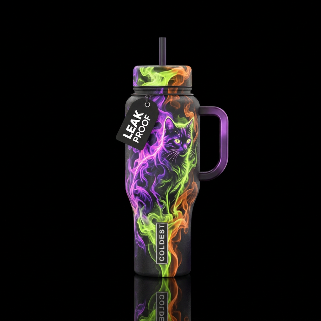 Smoky in neon colors of purple, lime green, orange... water bottle design