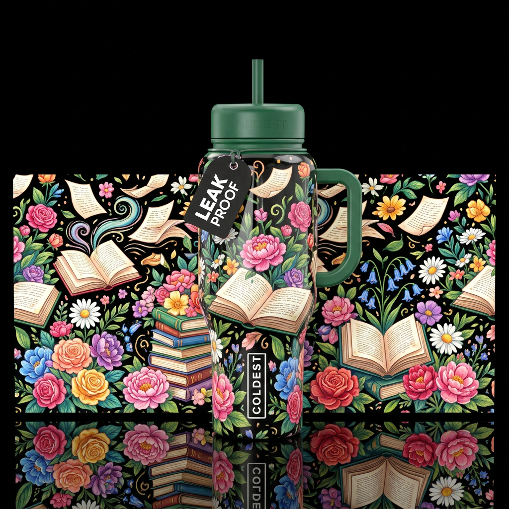 Books, whimsical, magical, fun, cozy, beautiful vi... water bottle design