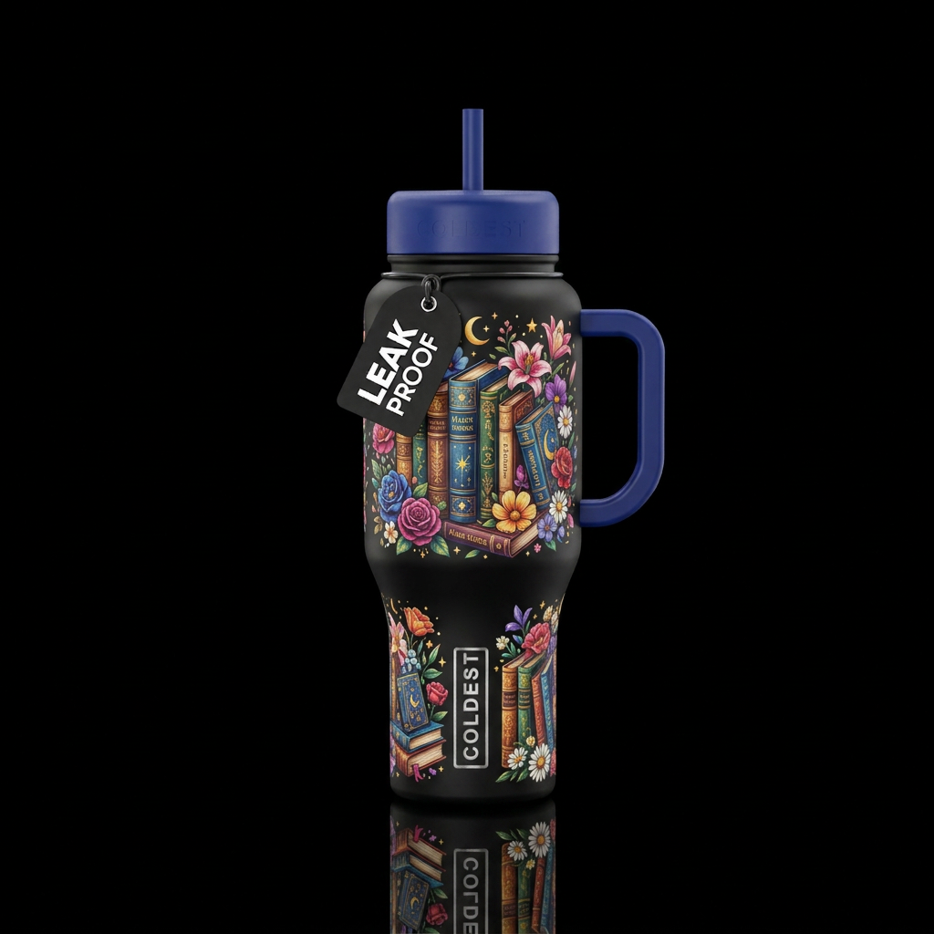 Books, whimsical, magical, fun, cozy, beautiful vi... water bottle design