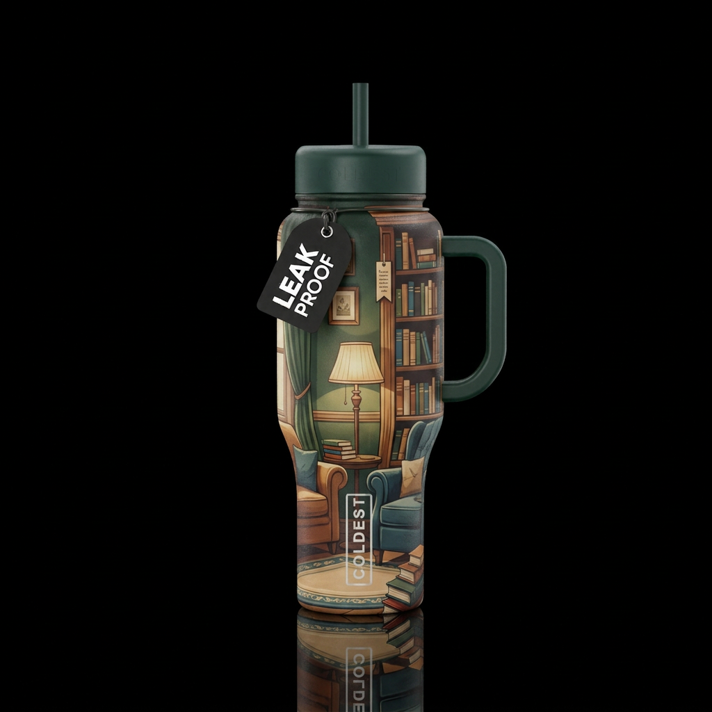 Home library filled with books, book markers, cozi... water bottle design