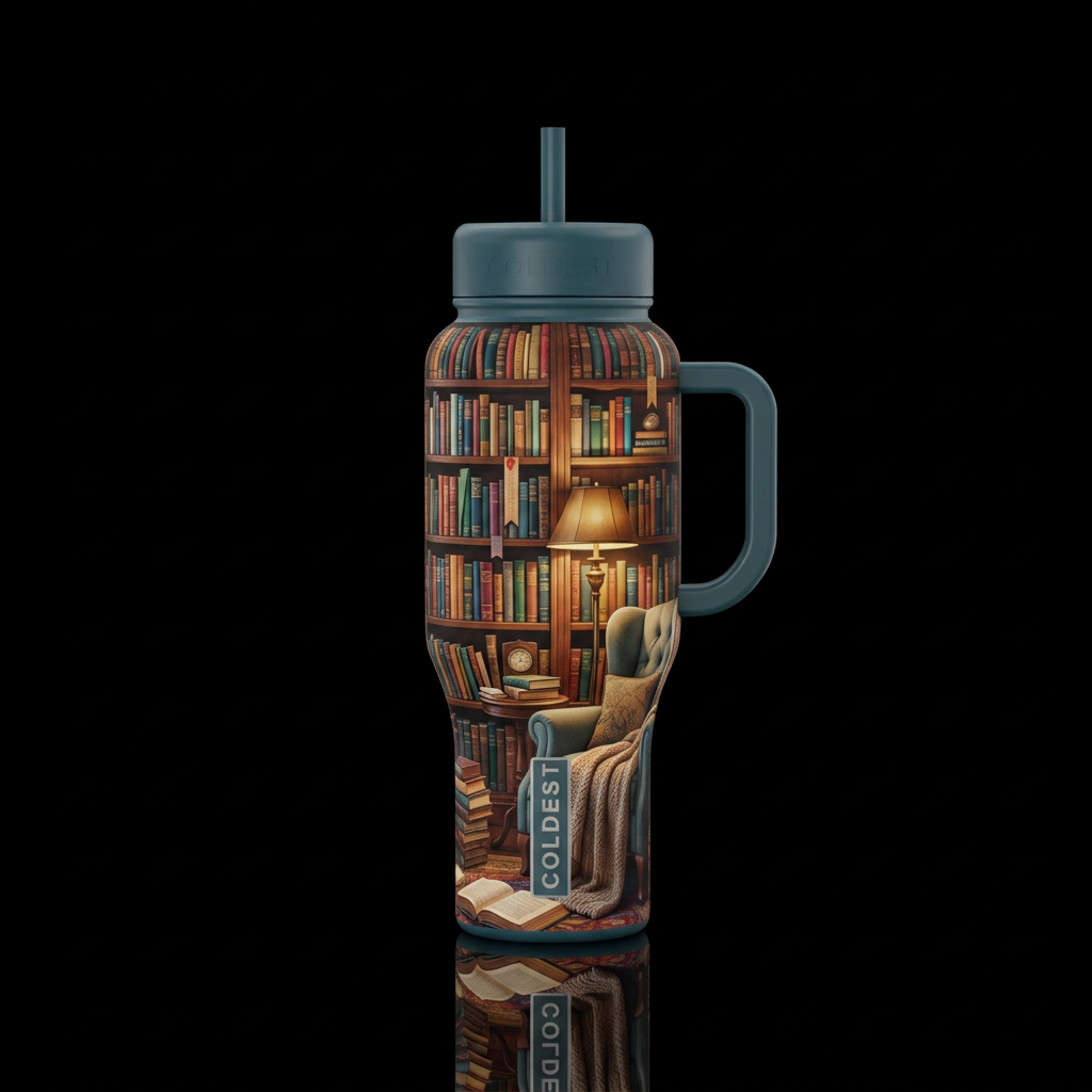Home library filled with books, book markers, cozi... water bottle design