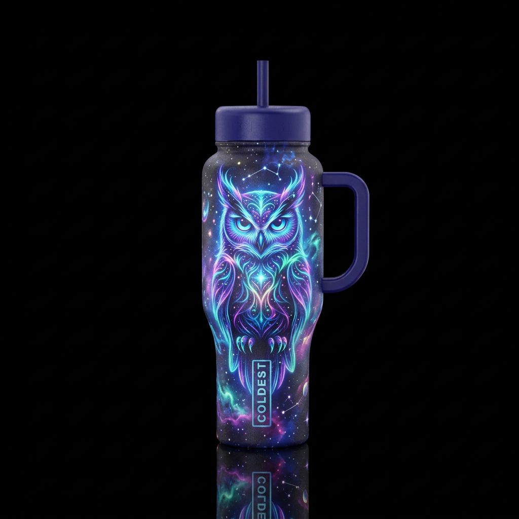dreamy, owl, glowie, vibrant, artistic water bottle design