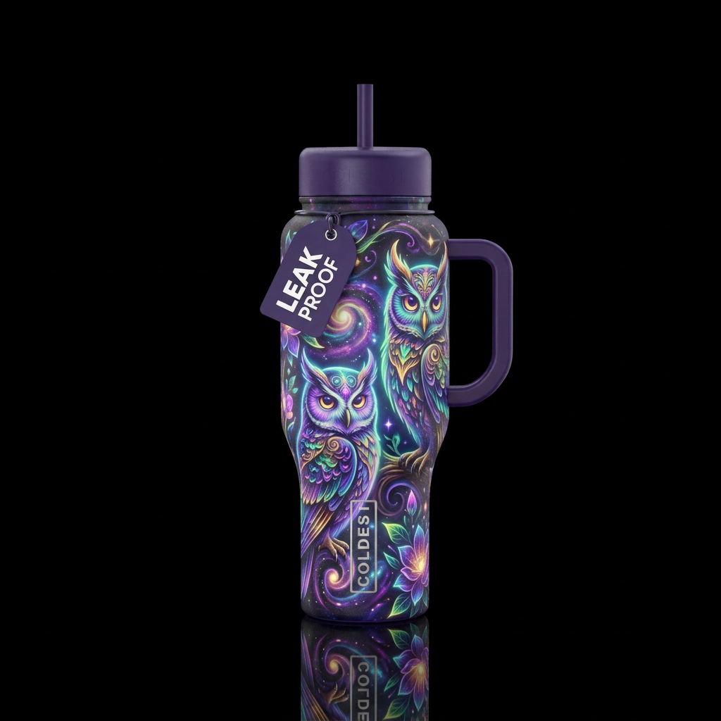 dreamy, owl, glowie, vibrant, artistic water bottle design