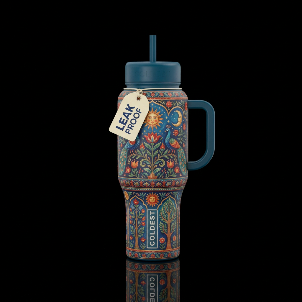 folklore, beautiul, matte, happy mood, vibrant water bottle design