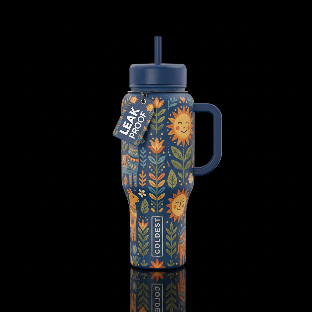 folklore, beautiul, matte, happy mood, vibrant water bottle design