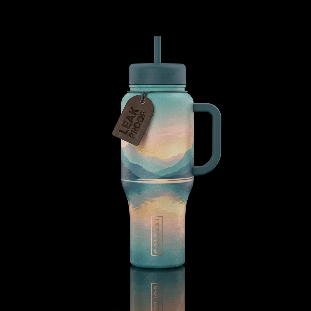 tranquil, peaceful, calming water bottle design