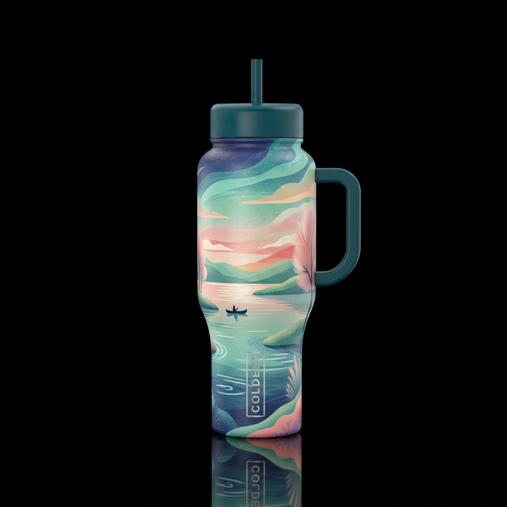 tranquil, peaceful, calming water bottle design