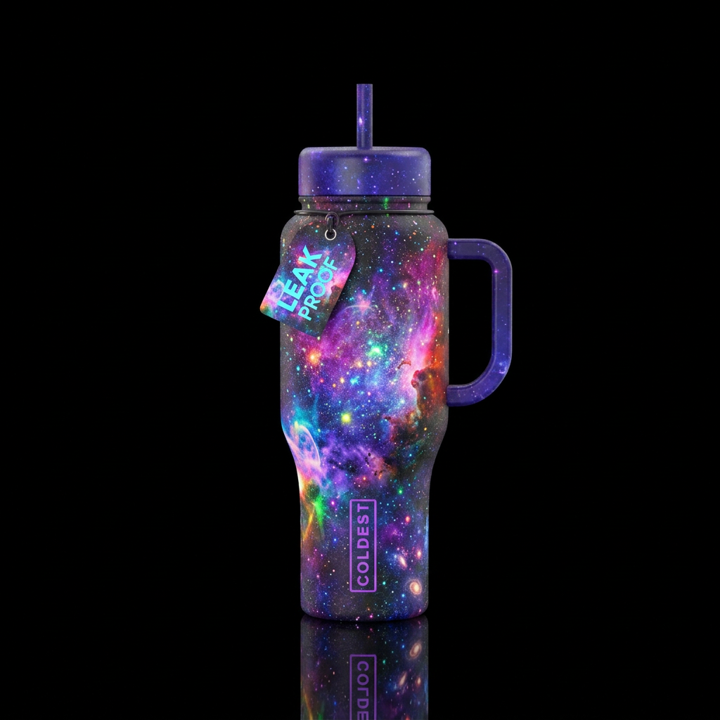 galaxy, vibrant, neon colors, explosive water bottle design