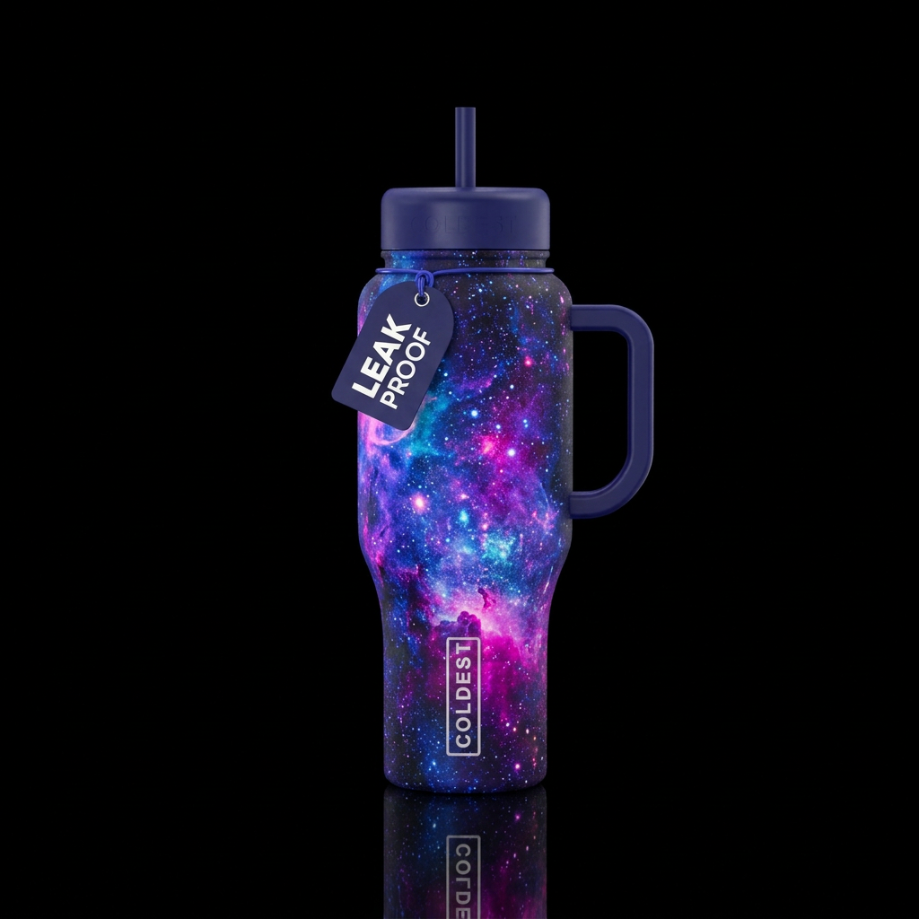 galaxy, vibrant, neon colors, explosive water bottle design