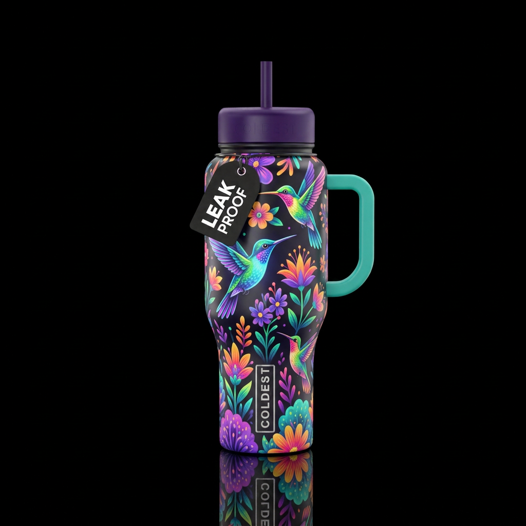 happy mood, whimsical, neon colored hummingbirds w... water bottle design