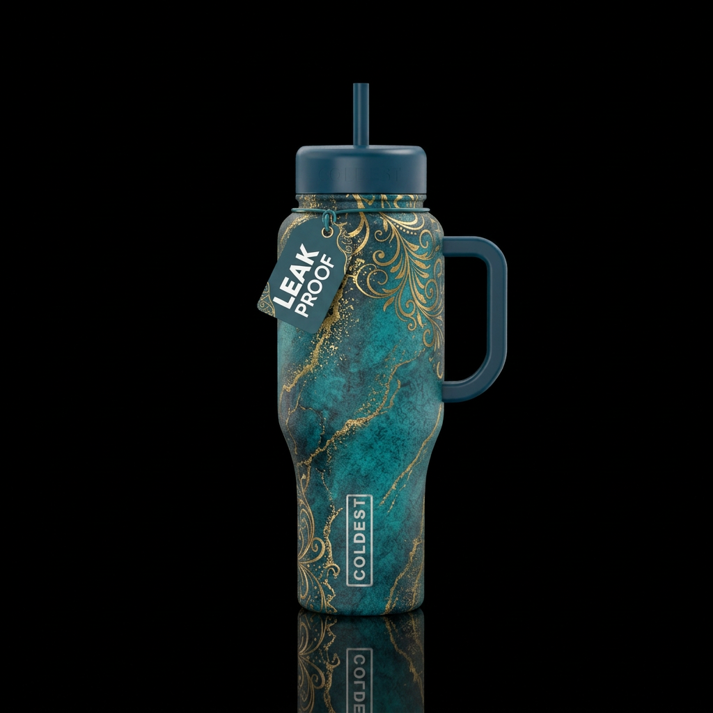 Teal and gold bottle, beautiful, elegant water bottle design