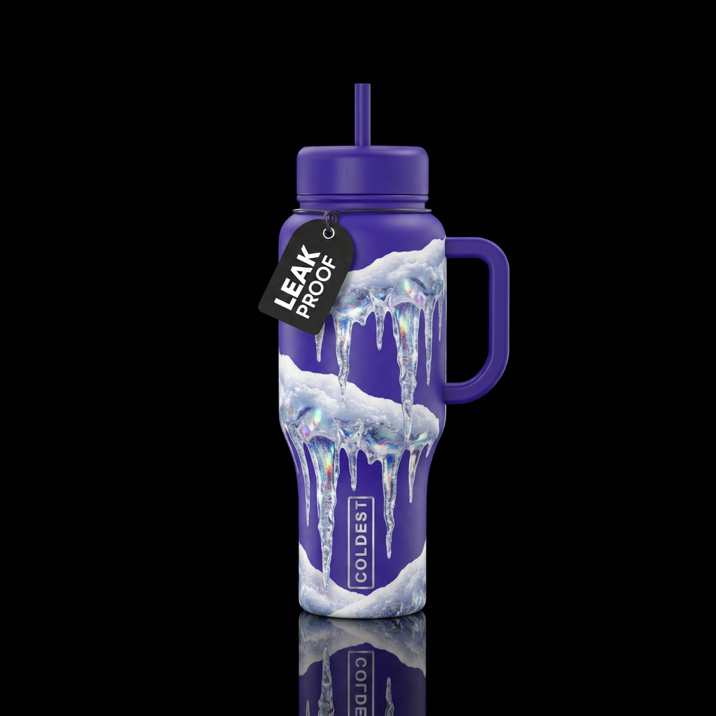 Royal purple bottle with snow and icicles with vib... water bottle design