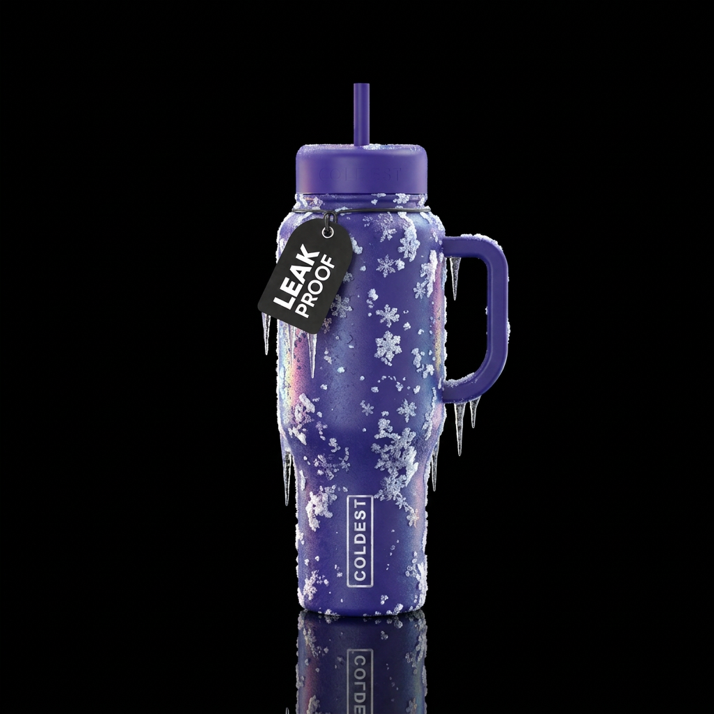 Royal purple bottle with snow and icicles with vib... water bottle design