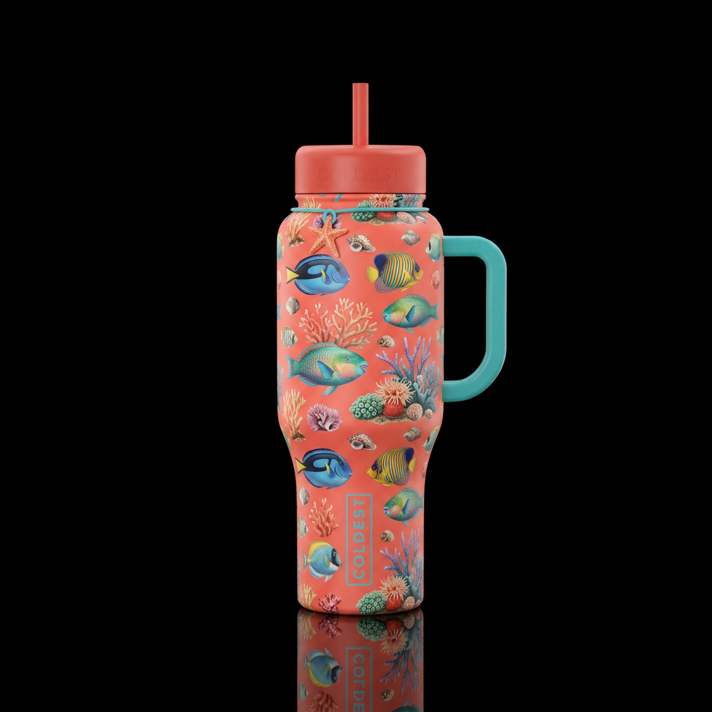 tropical fish, vibrant, whimsical, beautiful coral... water bottle design