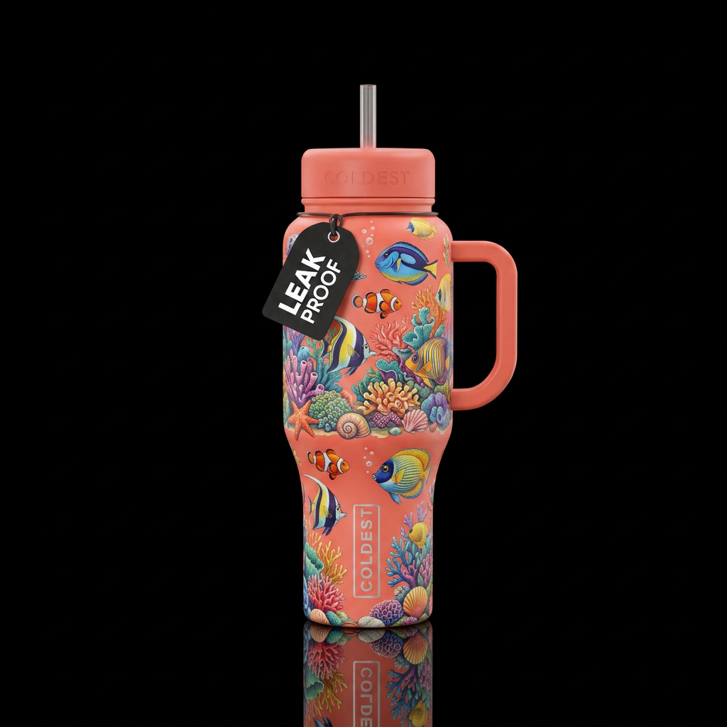 tropical fish, vibrant, whimsical, beautiful coral... water bottle design