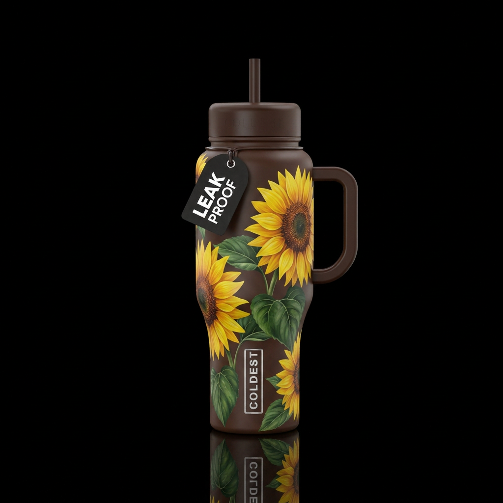 Brown bottle with huge sunflowers, vibrant, lush c... water bottle design