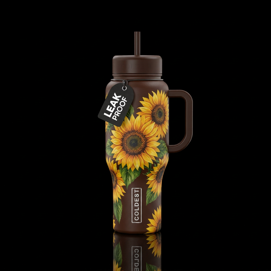 Brown bottle with huge sunflowers, vibrant, lush c... water bottle design