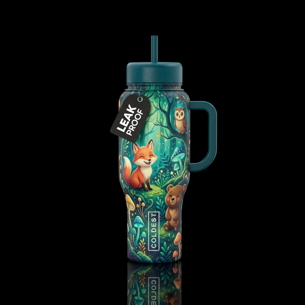 Enchanted forest,, happy mood, whimsical, vibrant,... water bottle design