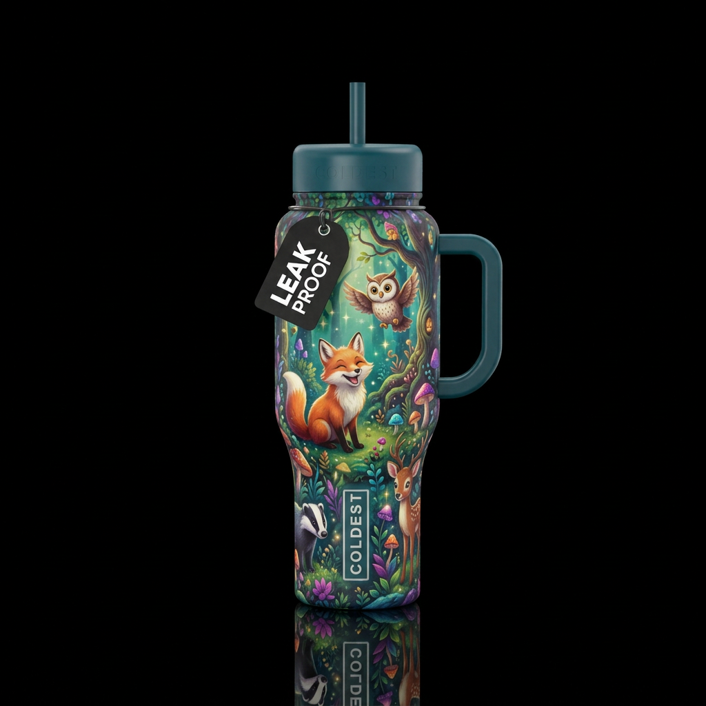 Enchanted forest,, happy mood, whimsical, vibrant,... water bottle design