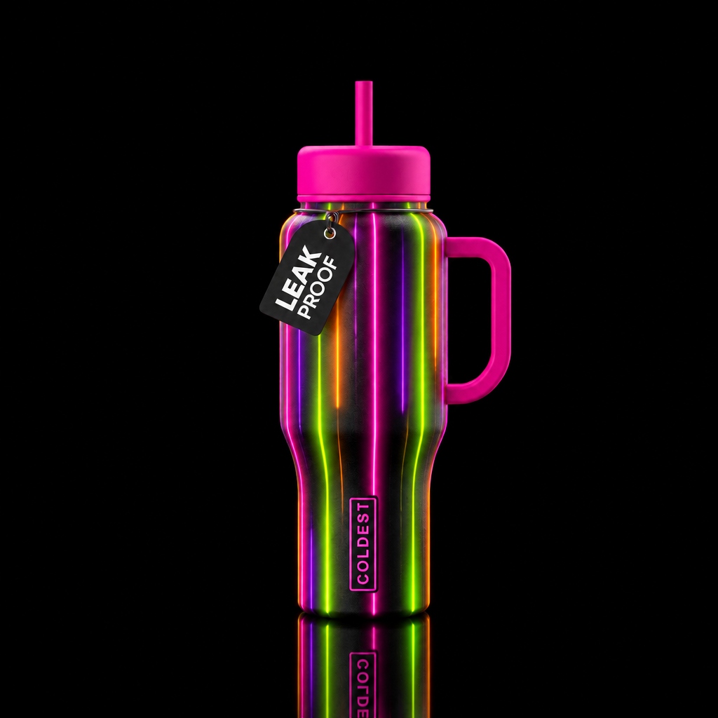 Vertical Glowie lines with neon pink, orange, purp... water bottle design