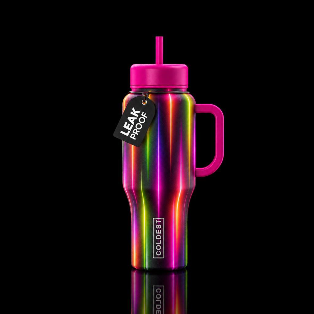 Vertical Glowie lines with neon pink, orange, purp... water bottle design