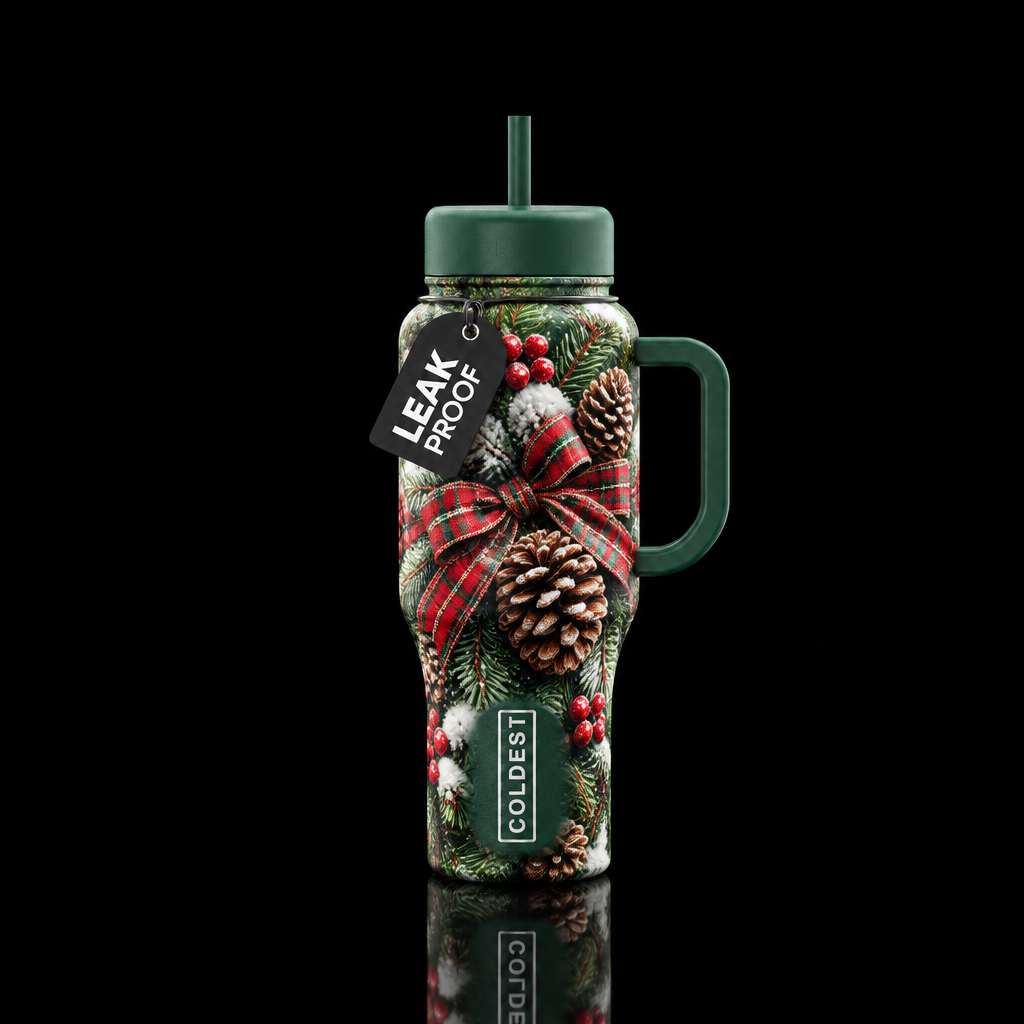 A pine cone Christmas display with plaid bow, snow... water bottle design