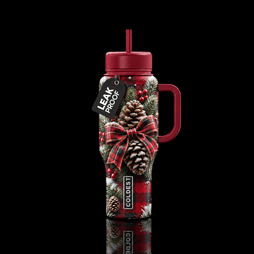 A pine cone Christmas display with plaid bow, snow... water bottle design