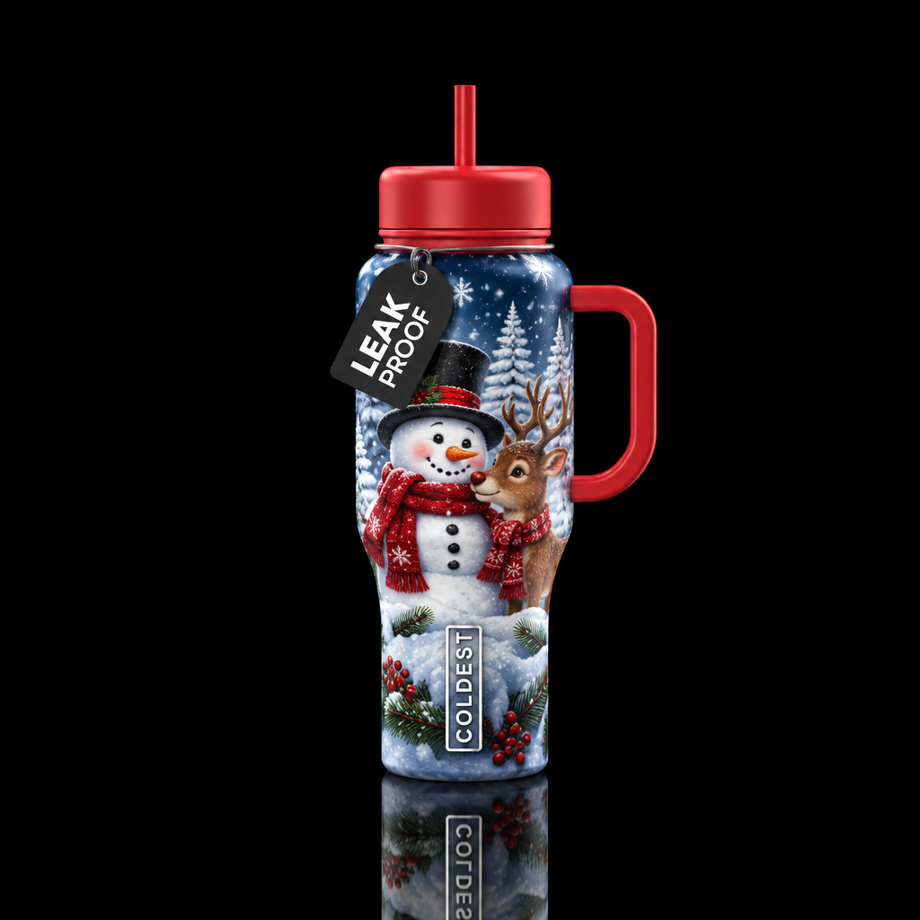 Fun snowman with a red scarf and black top hat and... water bottle design