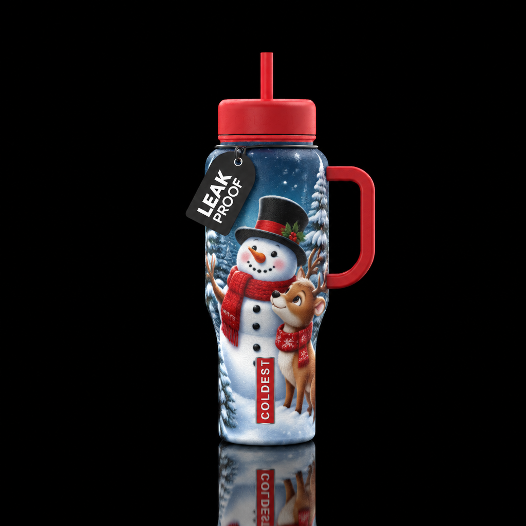 Fun snowman with a red scarf and black top hat and... water bottle design