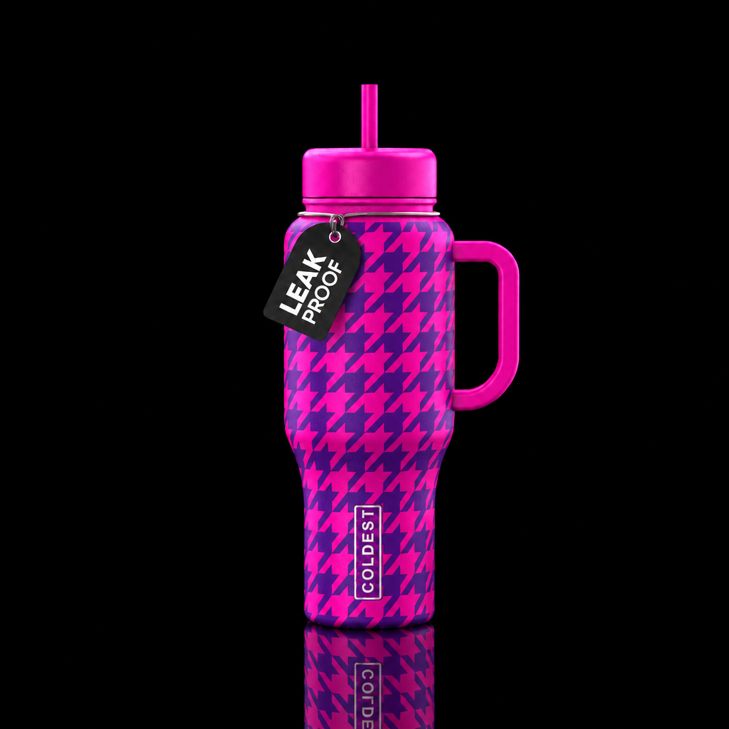 houndstooth in neon pink and neon purple water bottle design