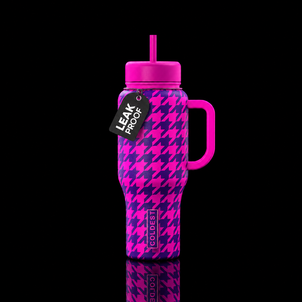 houndstooth in neon pink and neon purple water bottle design