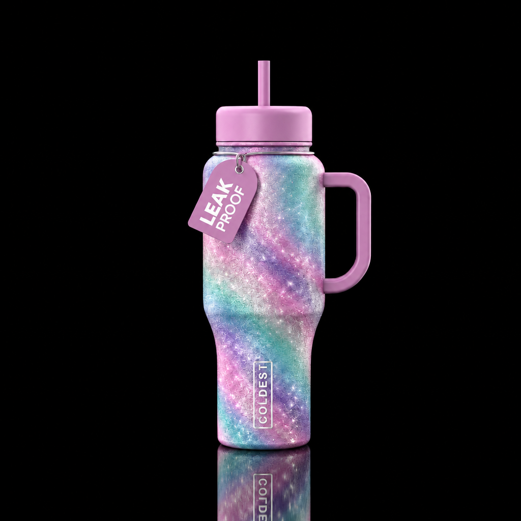 A beautiful bottle with pink, purple, mint green a... water bottle design