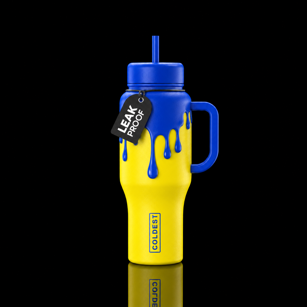 Yellow bottle, royal blue dripping water bottle design